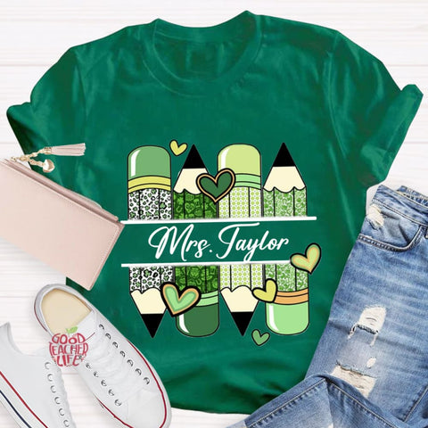 Personalized Name Green Heart Pencil Teacher T-Shirt