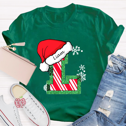 Personalized Name Merry Christmas Santa Holiday Green Red Glitter T-Shirt