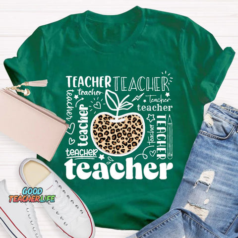 Teacher Various Fonts Various Fonts Leopard Apple T-Shirt
