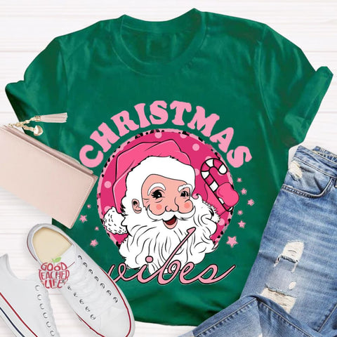 Christmas Vibes Pink Santa Claus T-Shirt