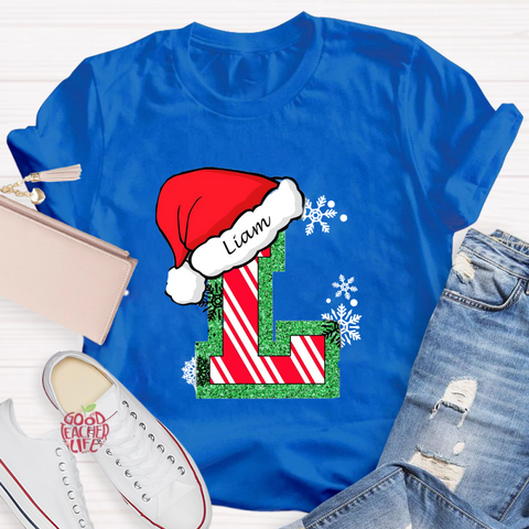 Personalized Name Merry Christmas Santa Holiday Green Red Glitter T-Shirt