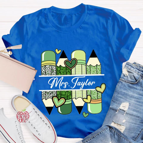 Personalized Name Green Heart Pencil Teacher T-Shirt