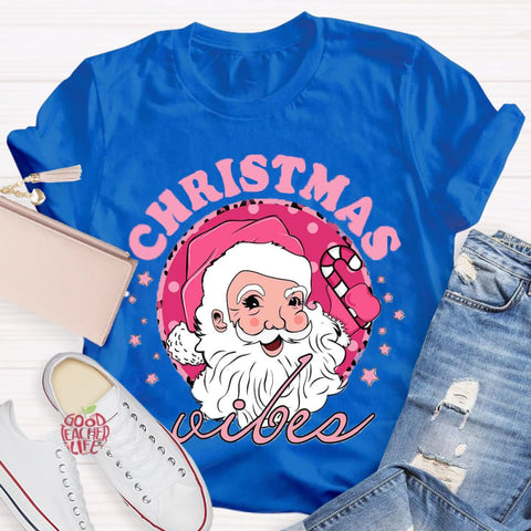 Christmas Vibes Pink Santa Claus T-Shirt