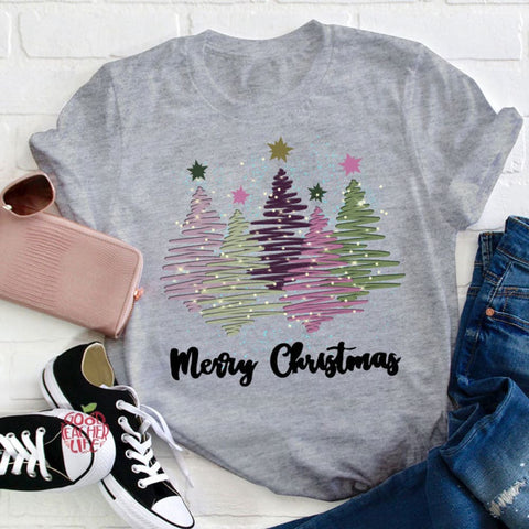 Merry Christmas Colorful Trees Teacher T-Shirt