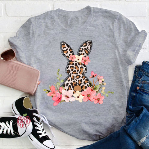 Leopard Floral Bunny Teacher T-Shirt