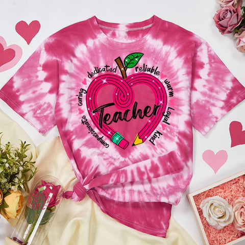 Glitter Apple Pencil Heart Teacher Tie-dye T-Shirt