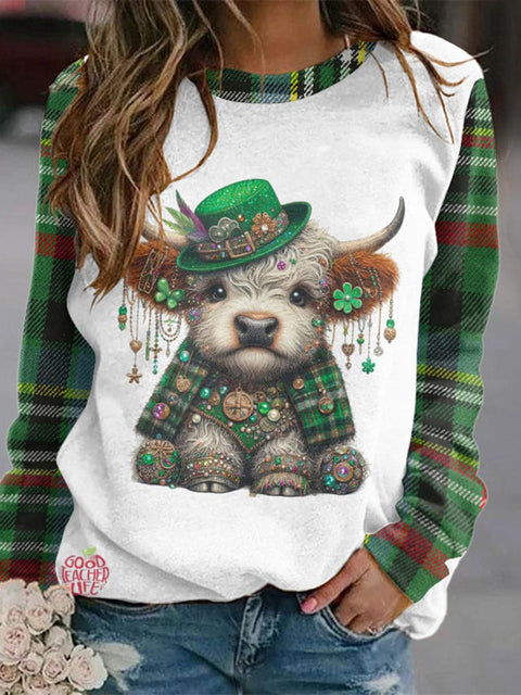 Women's St. Patricks Day Highland Cow Plaid Print Casual Sweatshirt