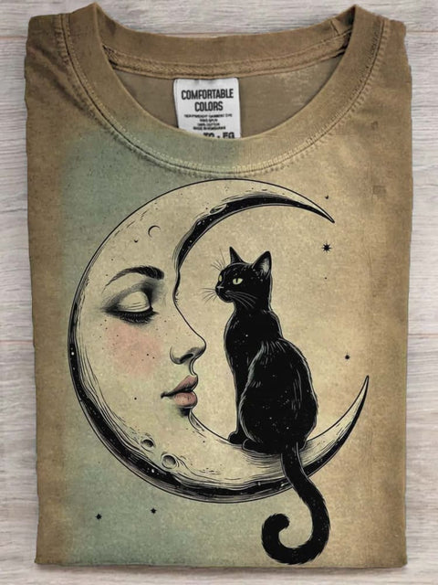 Moon Girl & Black Cat Print Casual Short Sleeve T-Shirt