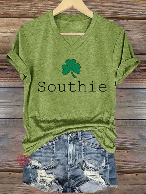 V-neck Retro St.Patrick's Day Southie Shamrock Print T-Shirt