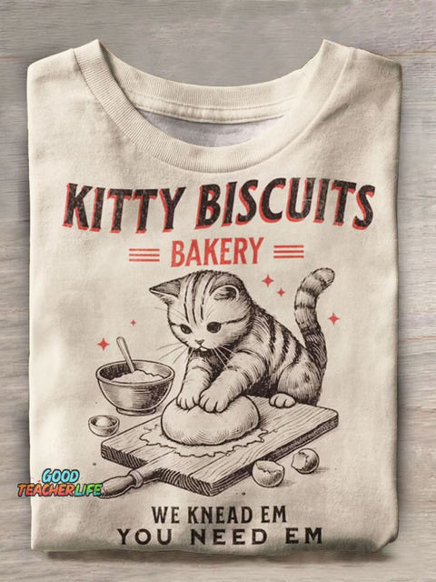 Cute Kitty Biscuits Bakery Retro Prints Casual T-shirt
