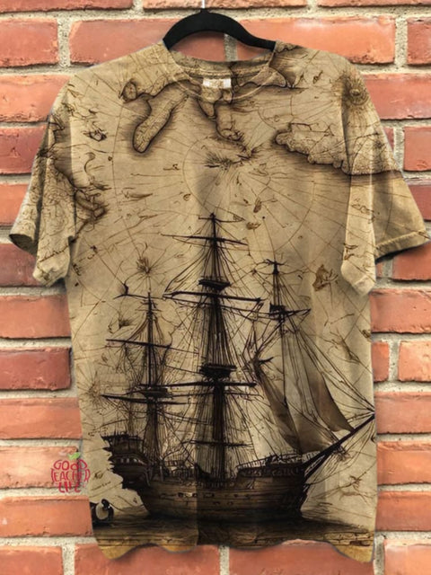 Retro Nautical Map Printed Casual Top