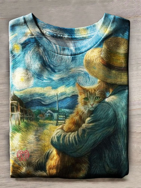 Van Gogh Cat Print Casual T-shirt