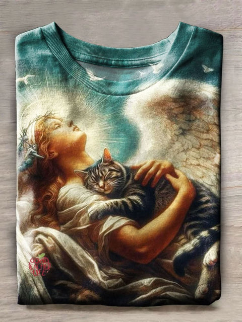 Angel Cat Print Casual T-shirt