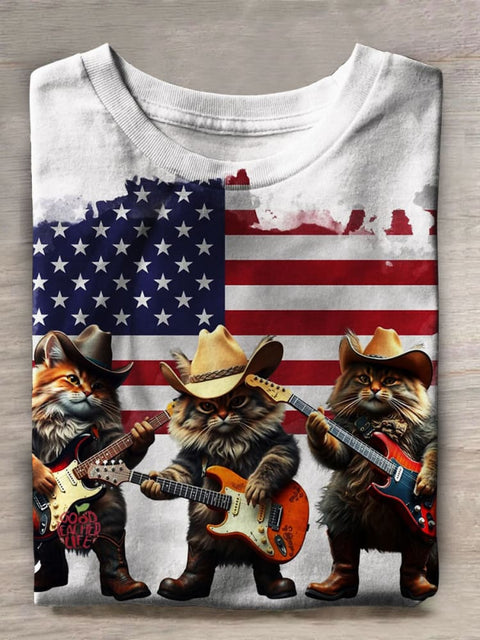 Rock Cat Print Casual T-shirt