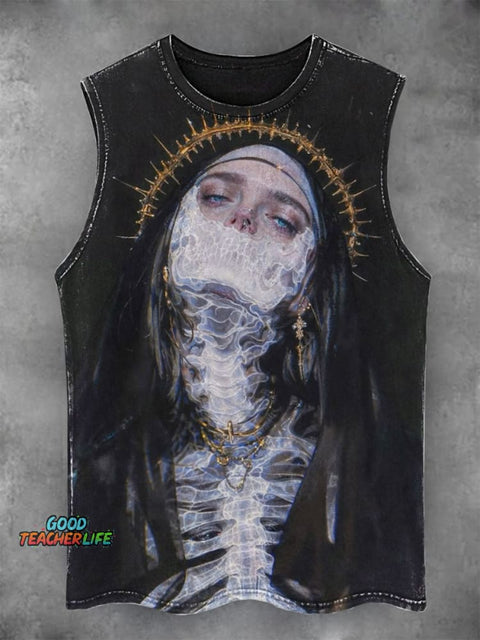 Skull Nun Print Casual Tank Top