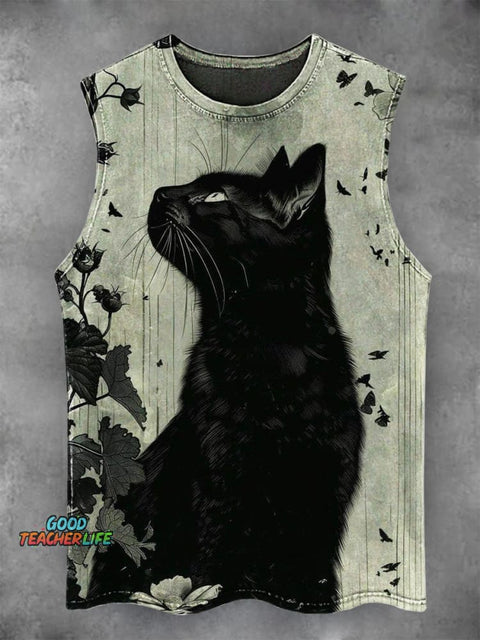 Dark Cat Print Casual Tank Top