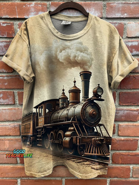 Steampunk Train Print Casual T-shirt