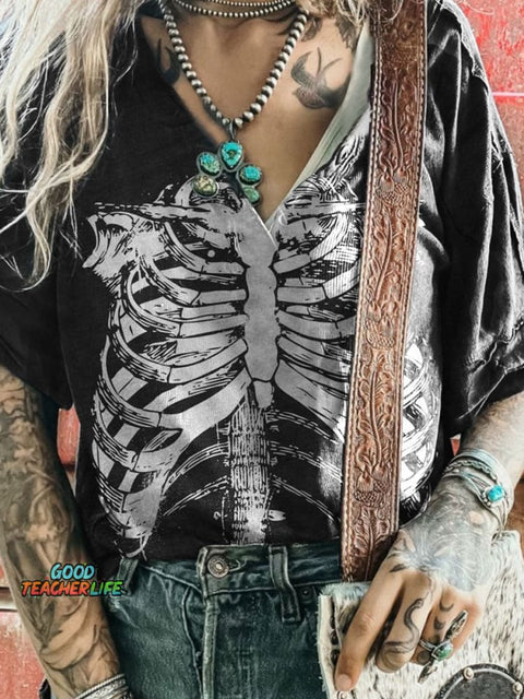 Skeleton Print Casual V-neck T-shirt