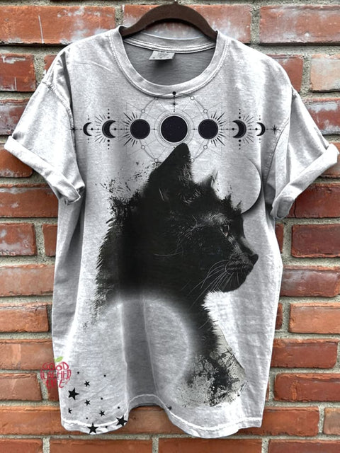 Star Moon Cat Print Casual T-shirt