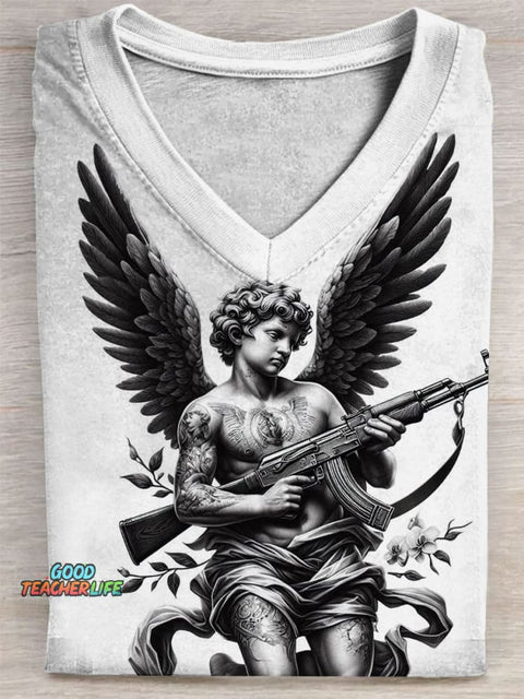 Dark Angel Print V-neck Casual T-Shirt