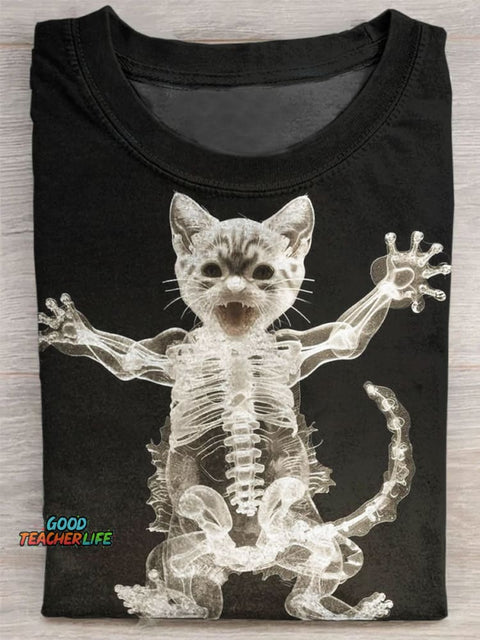 Skeleton Cat Print Short Sleeve T-shirt