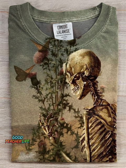 Retro Flower Skull Print Casual T-shirt
