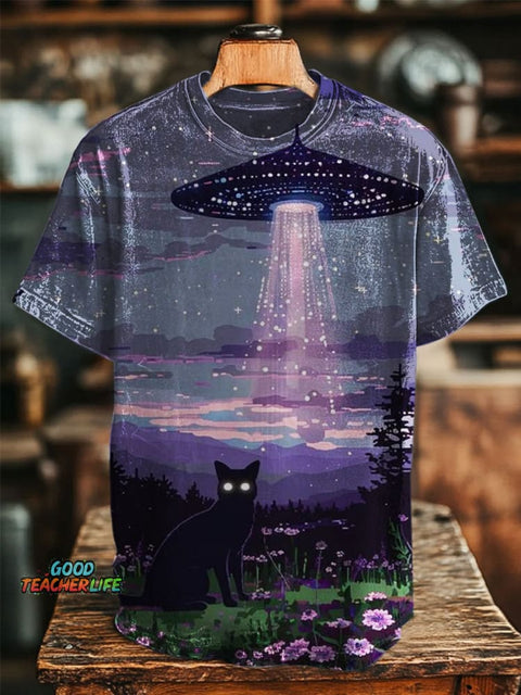 UFO Cat Print Casual T-shirt