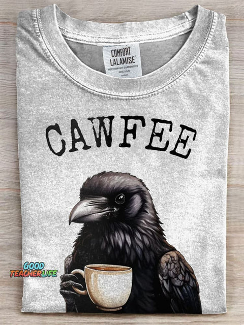 Coffee Crow Print Casual T-shirt