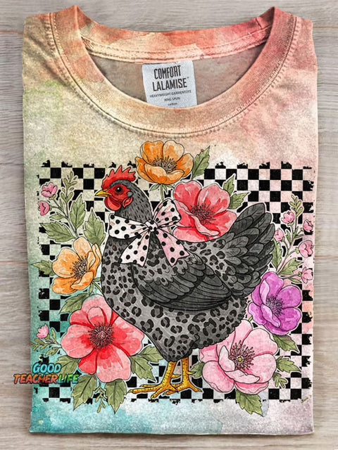 Flower Chicken Print Casual T-shirt