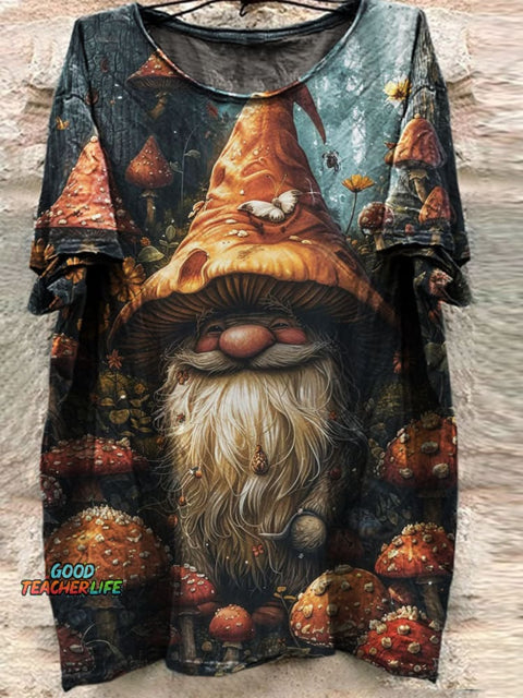 Mushroom Gnome Print Casual T-shirt
