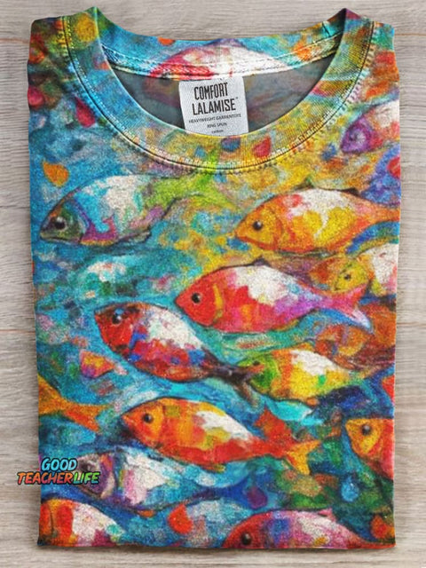 Colorful Fish Print Casual Tee