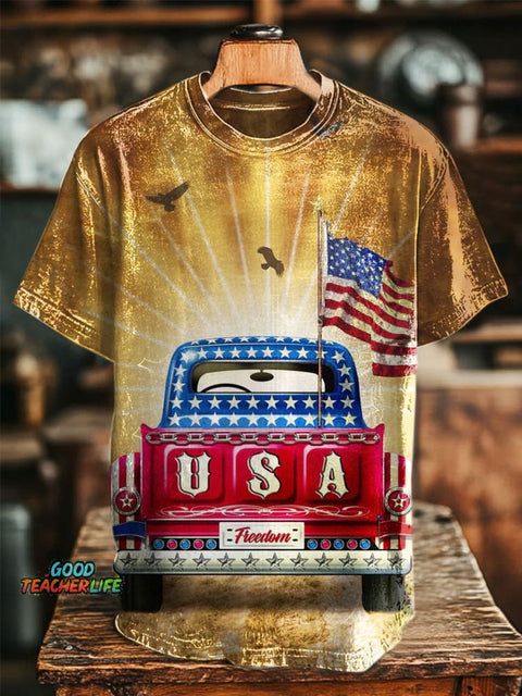 American Flag Truck Print Retro T-Shirt