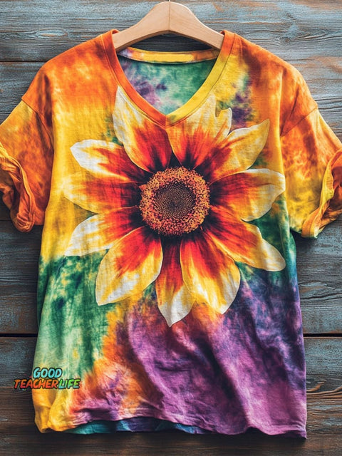 Colorful Sunflower Print Casual Top