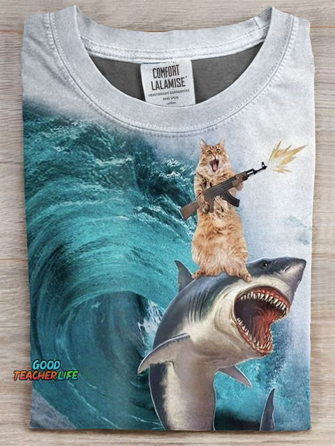 Funny Cat Shark Printed Casual T-shirt