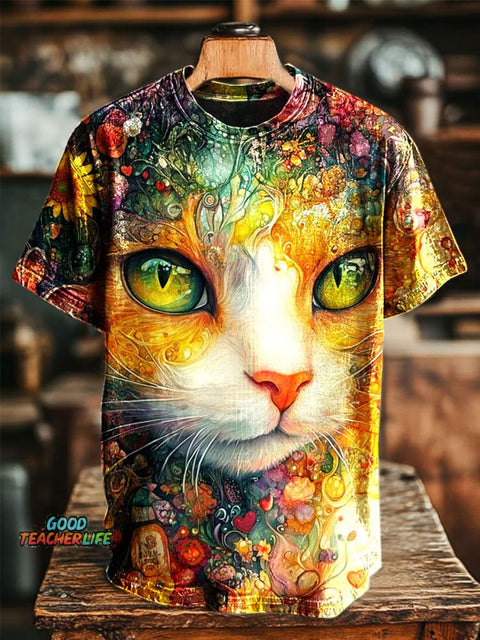 Colorful Art Cat Print Casual Top