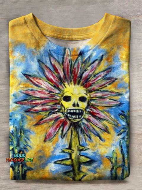 Skull Flower Art Print Casual T-shirt