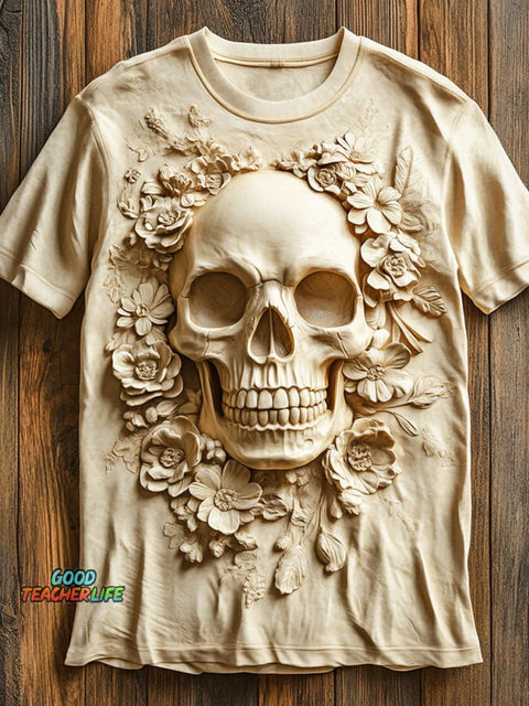 Skull Flowers Art Print Casual T-shirt