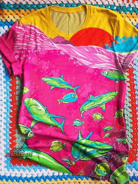 Colorful Shark Art Print Casual T-shirt