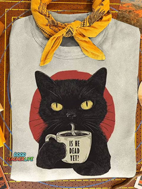 Is He Dead Yet Funny Cat Print Casual T-shirt