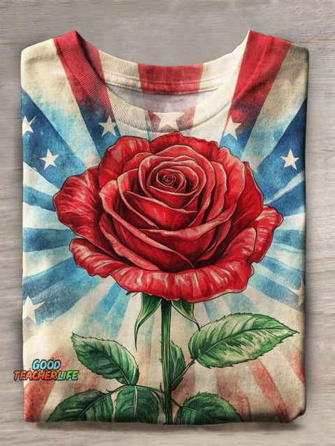Independence Day Rose Flower Prints Casual T-shirt