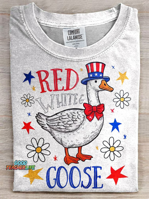 Red White And Goose Prints Casual T-shirt