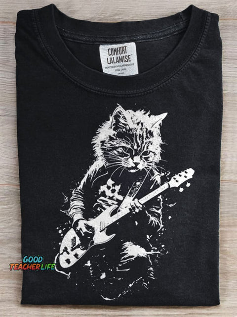 Rock Cat Funny Prints Casual T-shirt