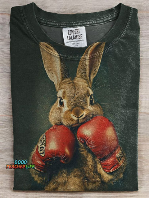 Bunny Boxing Prints Casual T-shirt