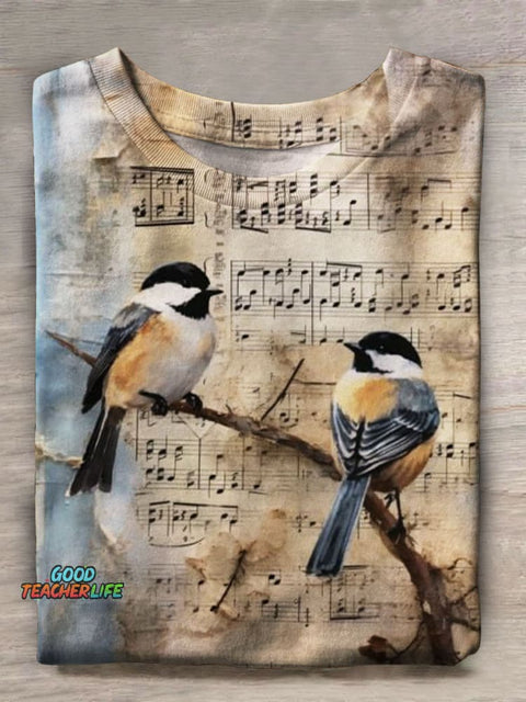 Musical Bird Prints Casual T-shirt