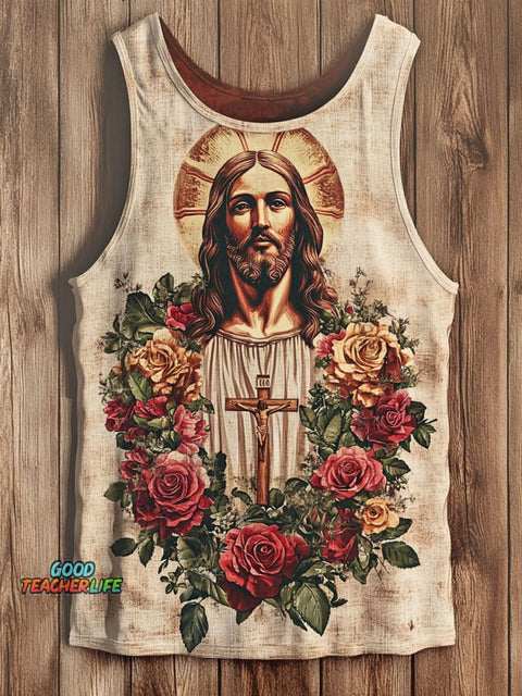 Vintage Floral Jesus Print Tank Top