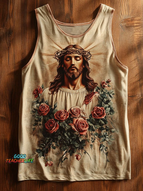 Vintage Floral Jesus Print Tank Top