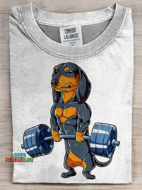 Funny Dachshund Weightlifting Prints Casual T-shirt