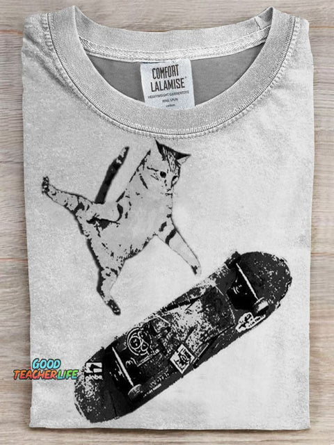Skateboard Cat Art Prints Casual T-shirt
