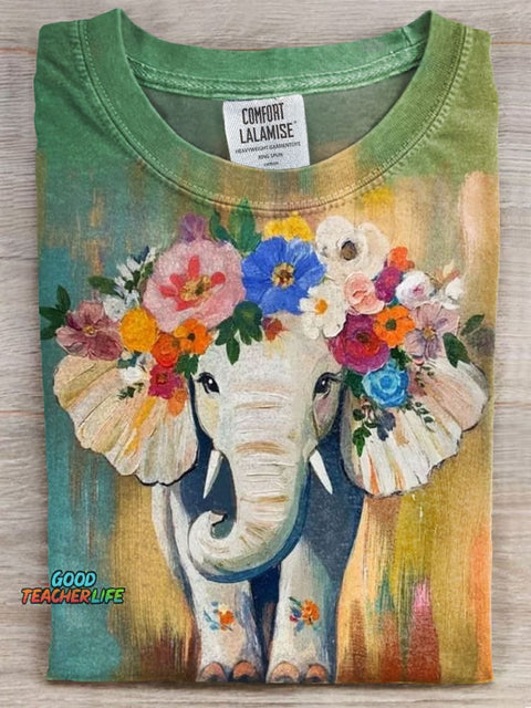 Elephant Flowers Prints Casual T-shirt