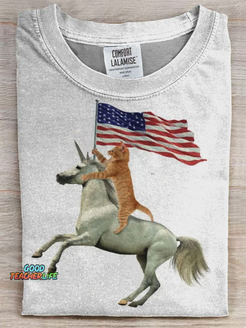 American Flag Cat Prints Casual T-shirt